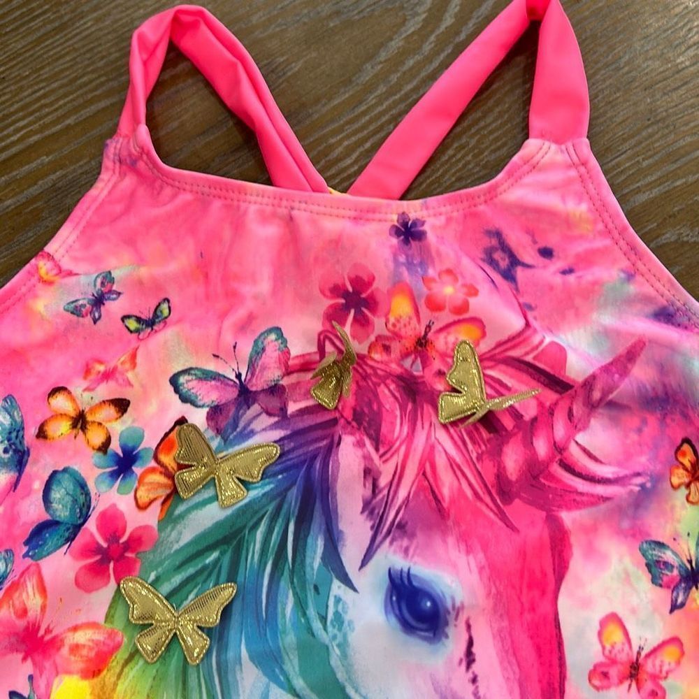 3/$25 Unicorn Tie Dye Rainbow Swim Tankini XXL 18 l Strappy Colorful Butterly - Picture 3 of 8